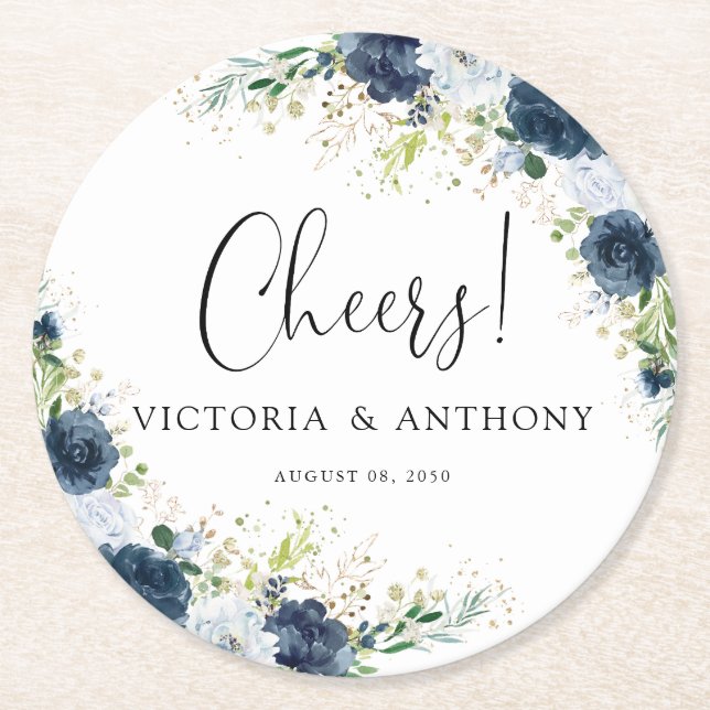 Blue Navy Floral Wedding Cheers Round Coaster (Front)