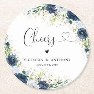 Blue Navy Floral Wedding Cheers Round Coaster