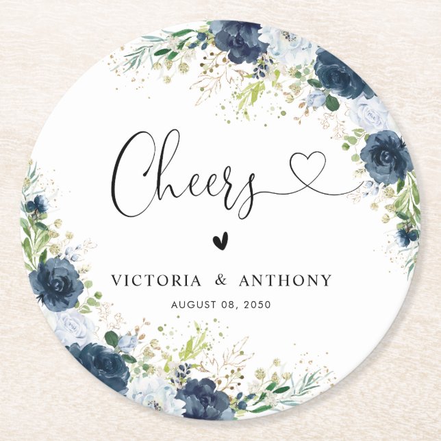 Blue Navy Floral Wedding Cheers Round Coaster (Front)