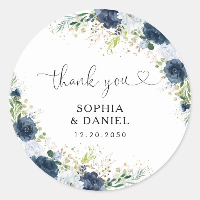 Blue Navy Floral Wedding Classic Round Sticker (Front)