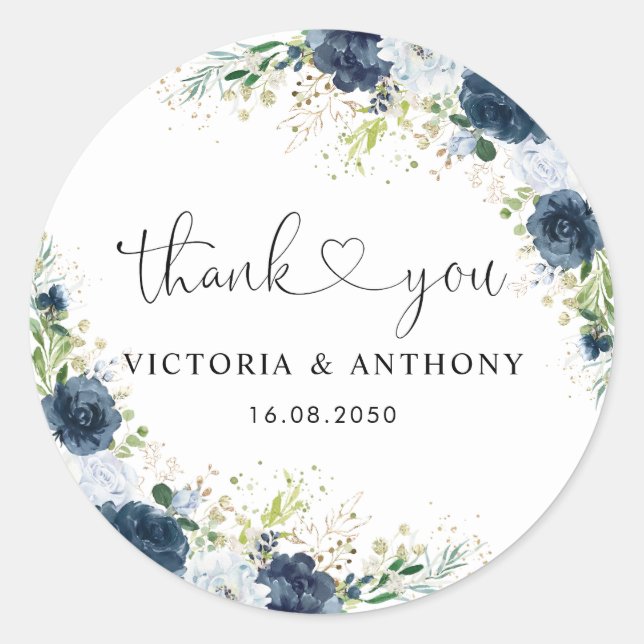 Blue Navy Floral Wedding Classic Round Sticker (Front)