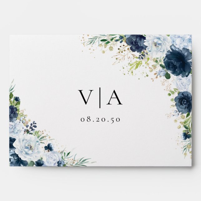 Blue Navy Floral Wedding Envelope (Front)