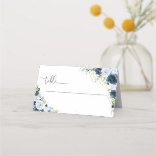Blue Navy Floral Wedding Folded Place Card