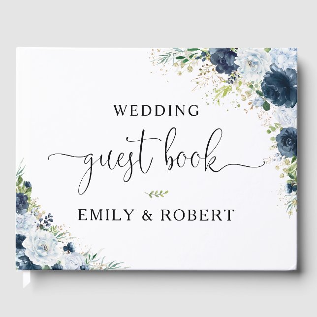 Blue Navy Floral Wedding Guest Book (Front)
