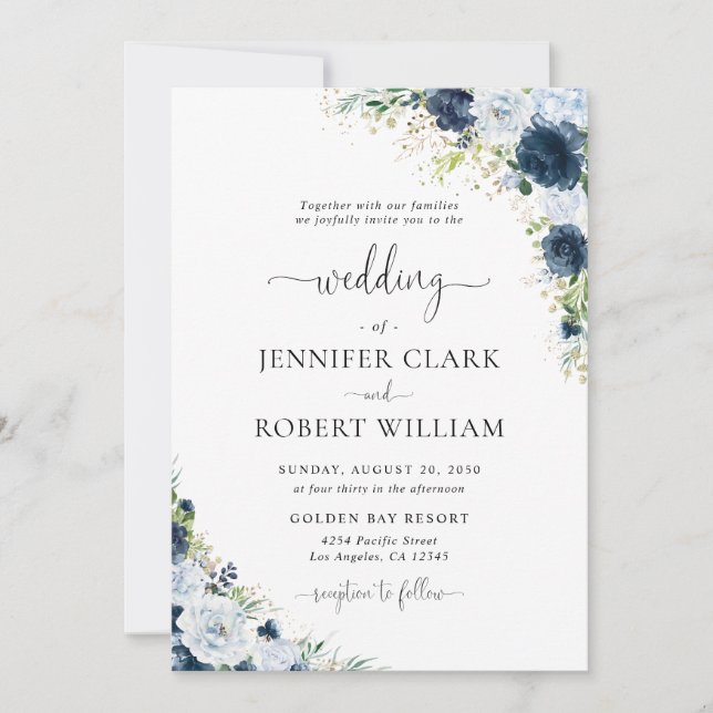 Blue Navy Floral Wedding Invitation (Front)