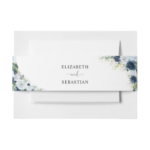 Blue Navy Floral Wedding Invitation Belly Band