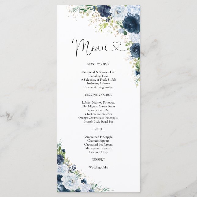 Blue Navy Floral Wedding Menu (Front)