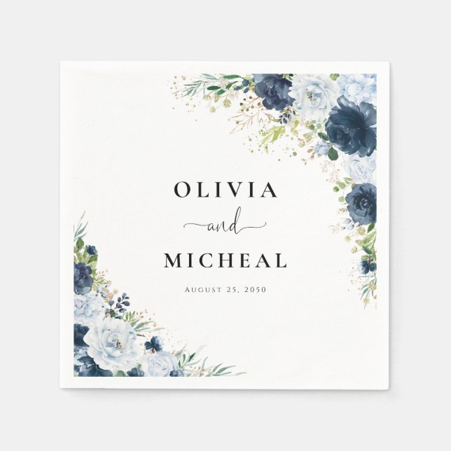 Blue Navy Floral Wedding Napkins (Front)