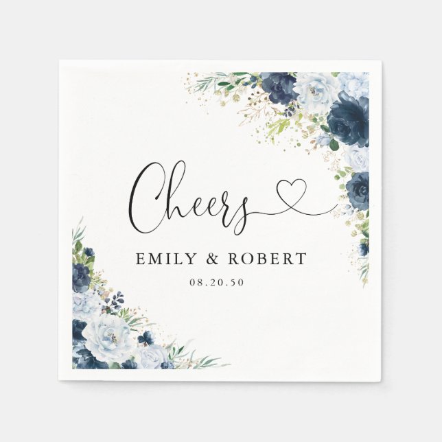 Blue Navy Floral Wedding Napkins (Front)