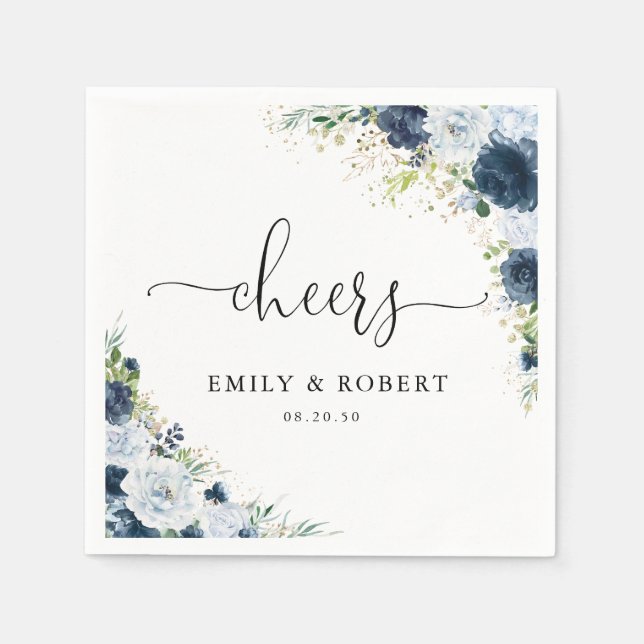 Blue Navy Floral Wedding Napkins (Front)