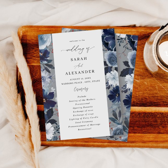 Blue & Navy Floral Wedding Program - Grey 2 Invitation (Creator Uploaded)