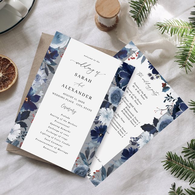 Blue & Navy Floral Wedding Program - Grey Invitation (Creator Uploaded)