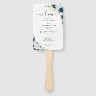 Blue Navy Floral Wedding Program Hand Fan