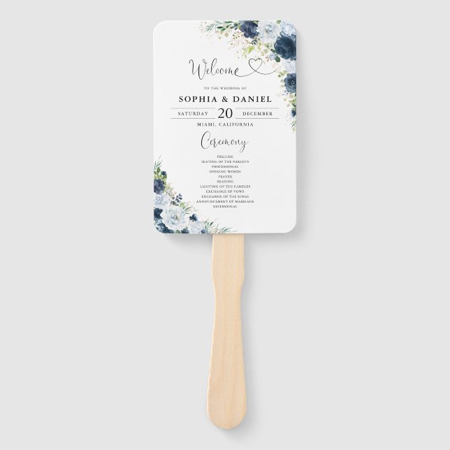 Blue Navy Floral Wedding Program Hand Fan (Front)