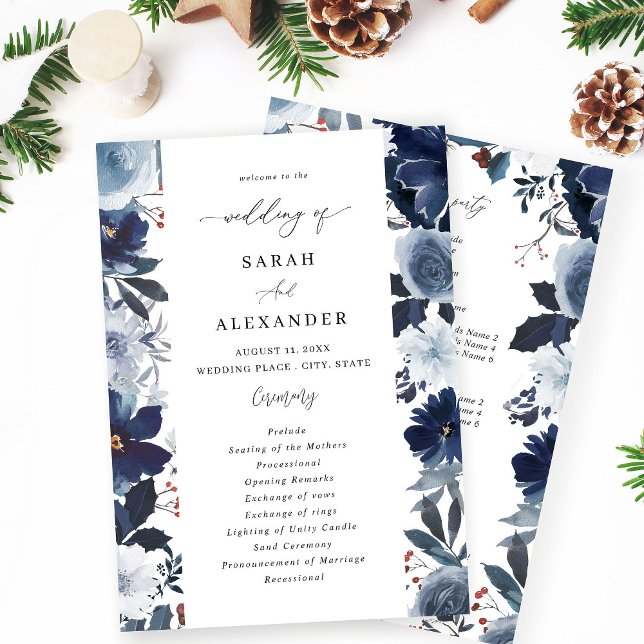 Blue & Navy Floral Wedding Program Invitation (Creator Uploaded)