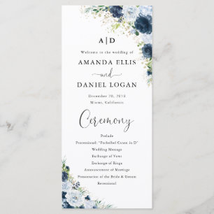 Blue Navy Floral Wedding Program Programme