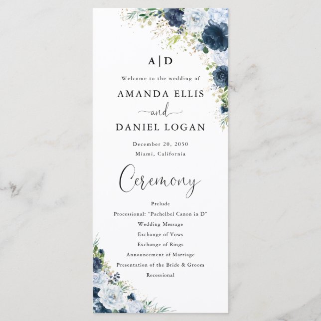 Blue Navy Floral Wedding Program Programme (Front)