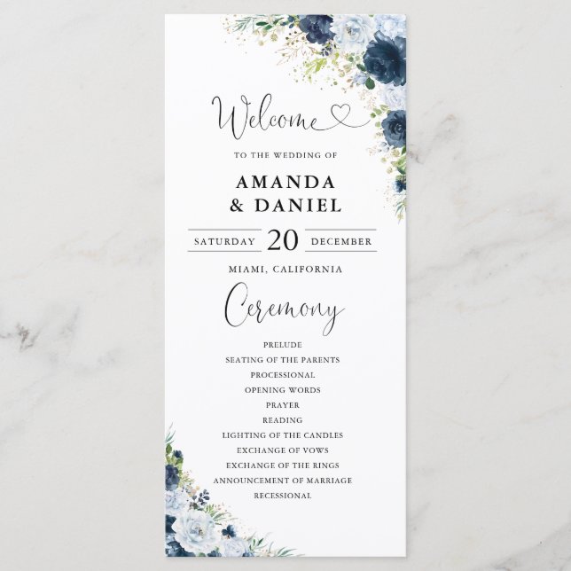 Blue Navy Floral Wedding Program Programme (Front)