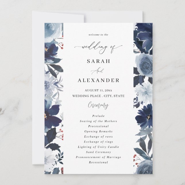 Blue & Navy Floral Wedding Program test2 Invitation (Front)