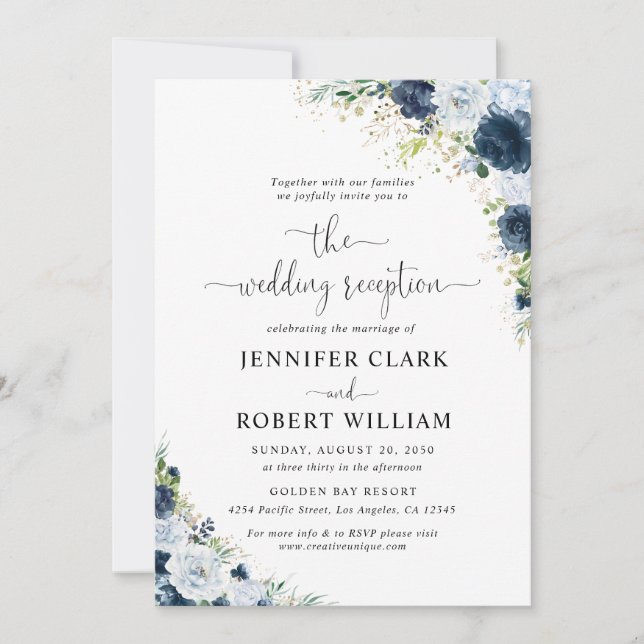 Blue Navy Floral Wedding Reception Invitation (Front)