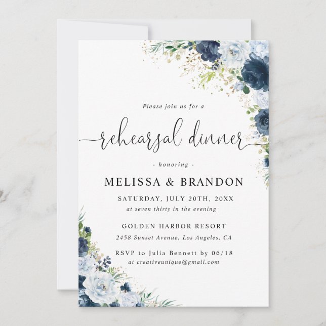 Blue Navy Floral Wedding Rehearsal Dinner  Invitation (Front)