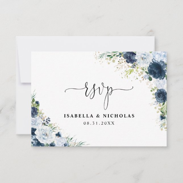 Blue Navy Floral Wedding RSVP Card (Front)
