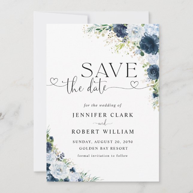 Blue Navy Floral Wedding Save The Date (Front)