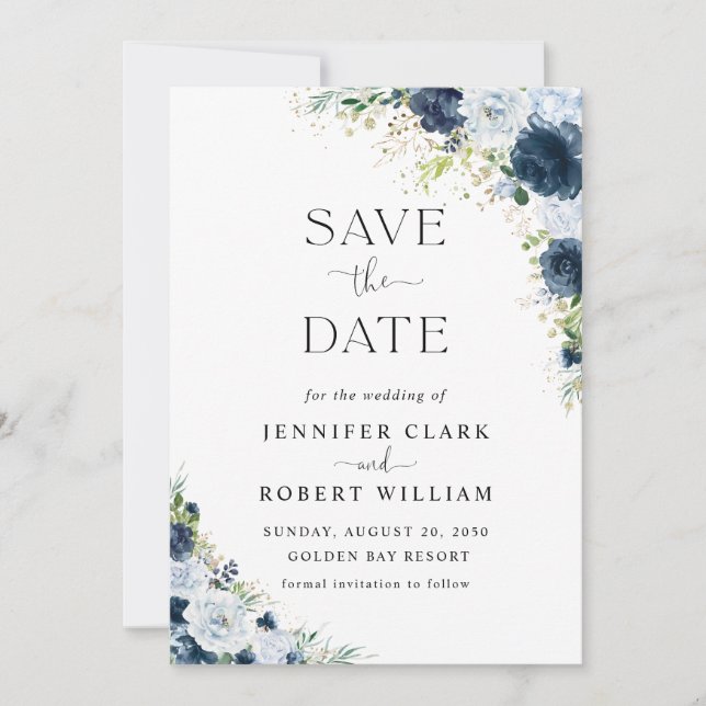 Blue Navy Floral Wedding Save The Date (Front)