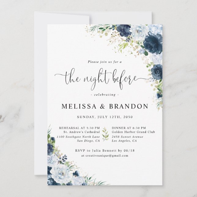 Blue Navy Floral Wedding The Night Before  Invitation (Front)