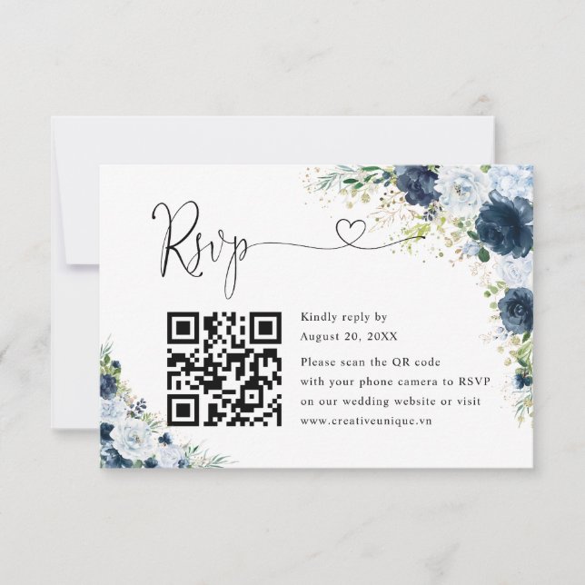 Blue Navy Floral Wedding Website QR Code RSVP  Card (Front)