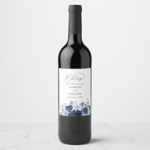 Blue & Navy Floral Wedding Wine Label