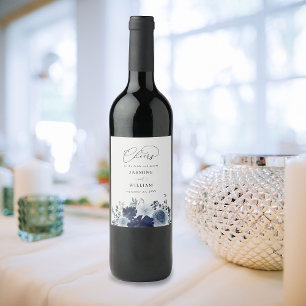 Blue & Navy Floral Wedding Wine Label