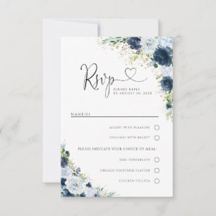 Blue Navy Floral Wedding With Meal Choice RSVP Card