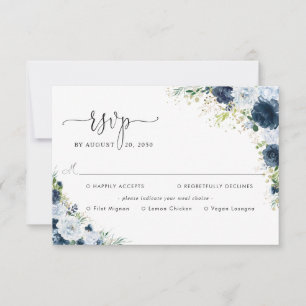 Blue Navy Floral Wedding With Meal Choice RSVP Card