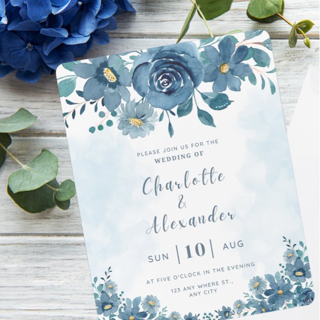 Blue Navy Flower Smoke Background Wedding  Invitation (Creator Uploaded)