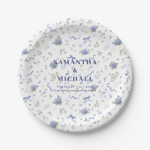 Blue Navy Flowers Floral Concept Wedding Couple Paper Plate