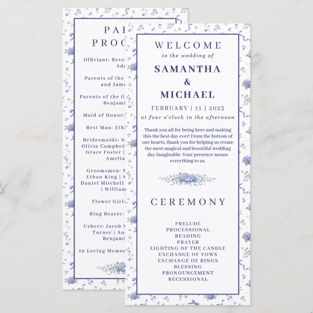 Blue Navy Flowers Tiny Floral Wedding Program Menu (Front/Back)