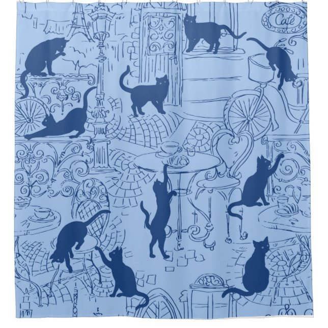 Blue Navy French Cat Paris Cafe Shower Curtain (Front)