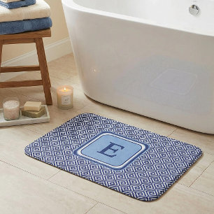  Blue Navy Geometric Chevron Monogram Bath Mat