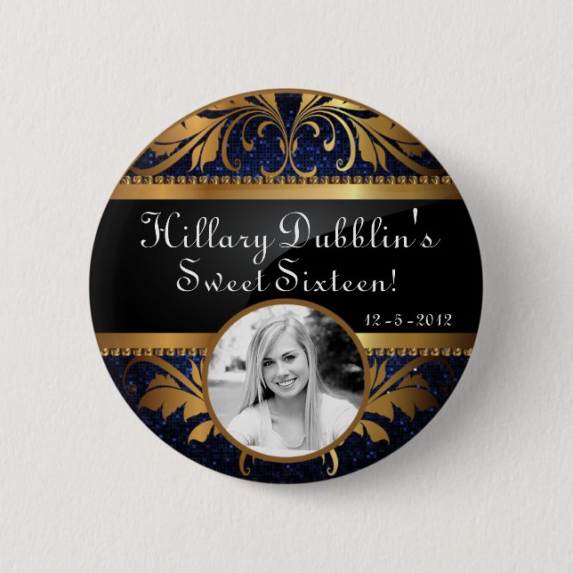 Blue Navy Glitter Sequin Disco Glitz Photo Button (Front)