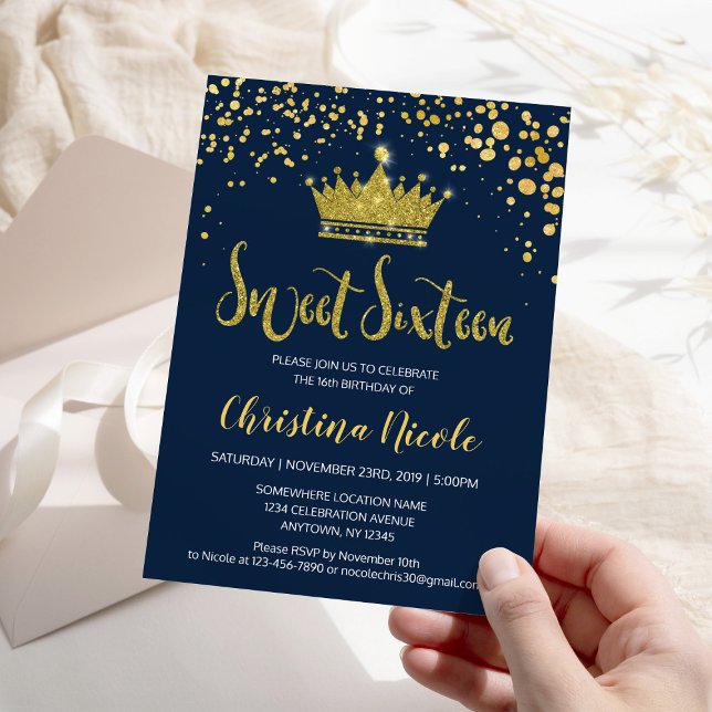 Blue Navy Gold Confetti Elegant Sweet 16 Invitation (Creator Uploaded)