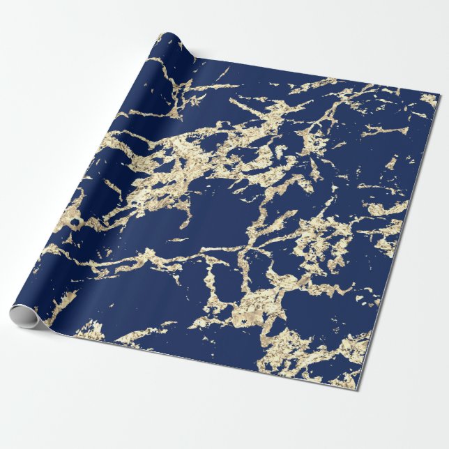 Blue Navy Gold Marble Strokes Gift Idea   Wrapping Paper (Unrolled)
