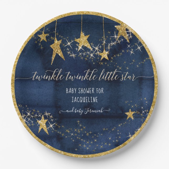 Blue Navy Gold Twinkle Little Star Boy Baby Shower Paper Plate (Front)