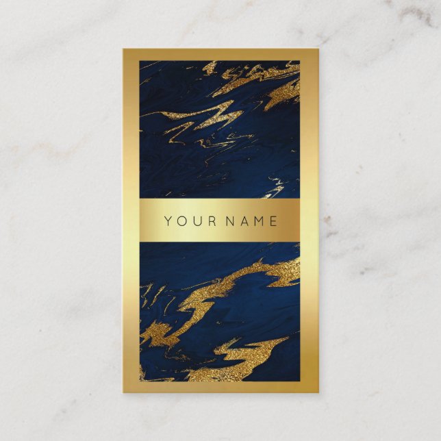 Blue Navy Golden Frame Marble Abstract Vertical3 Business Card (Front)