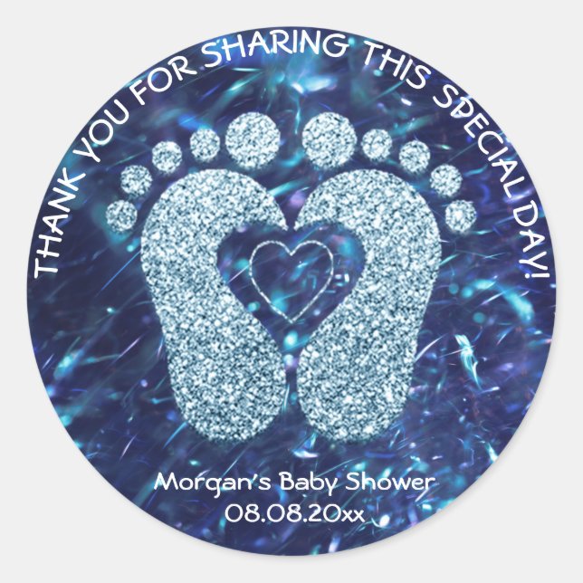 Blue Navy Heart Feet Baby Shower Favour Thank Boy Classic Round Sticker (Front)