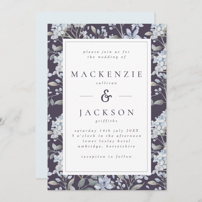 Blue & Navy Hydrangeas Watercolor Wedding Invitation (Front/Back)