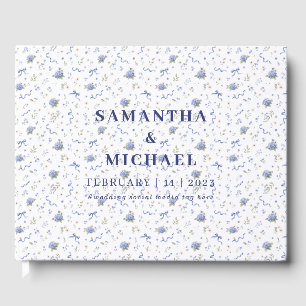 Blue Navy Minimal Floral Patterned Wedding Guest Book