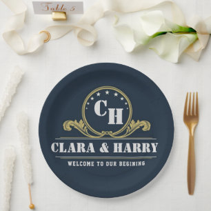 Blue navy Monogram Initials elegant minimalist Paper Plate