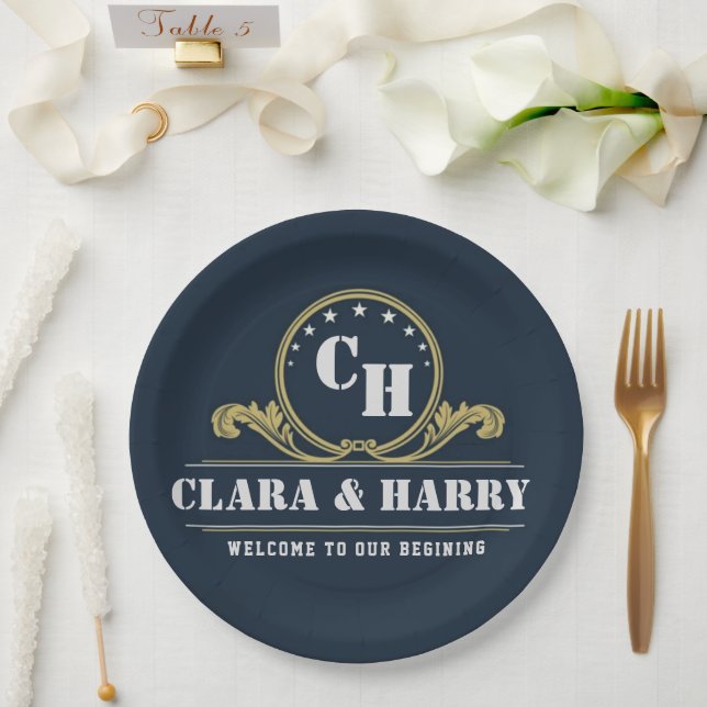 Blue navy Monogram Initials elegant minimalist  Paper Plate (Wedding)