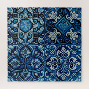 Blue navy mosaic tile. Abstract floral pattern Jigsaw Puzzle